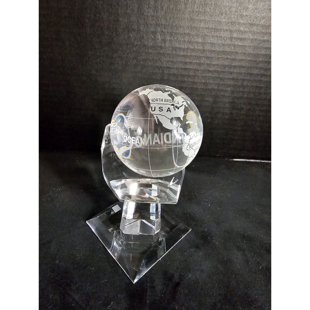 Crystal Optical World Globe 3" Resting In Crystal Hand Stand 4" Tall Paperweight